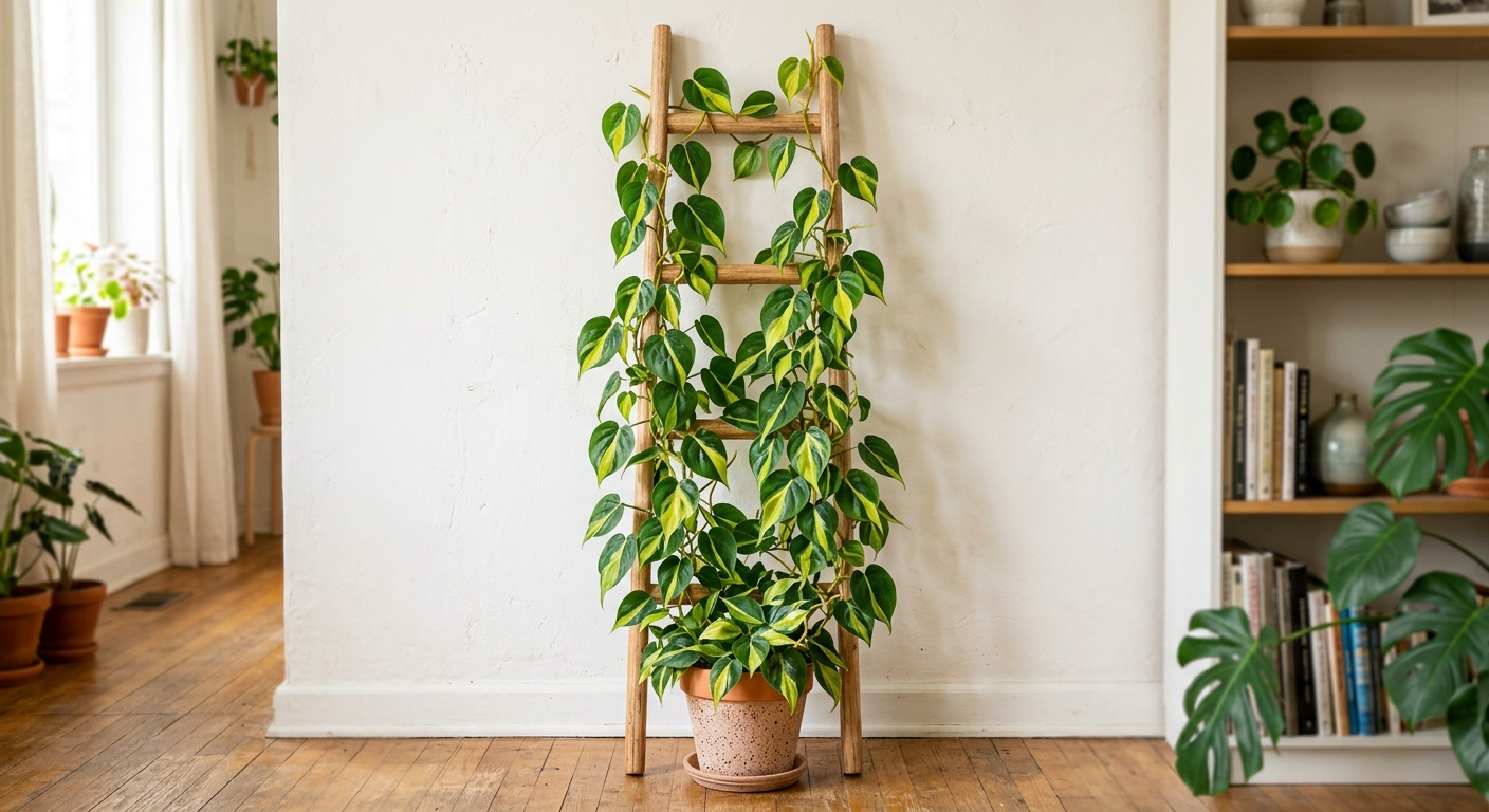 Filodendron pnący Brasil na drewnianej drabince, żółto-zielone liście tworzą efektowny wzór na tle jasnej ściany