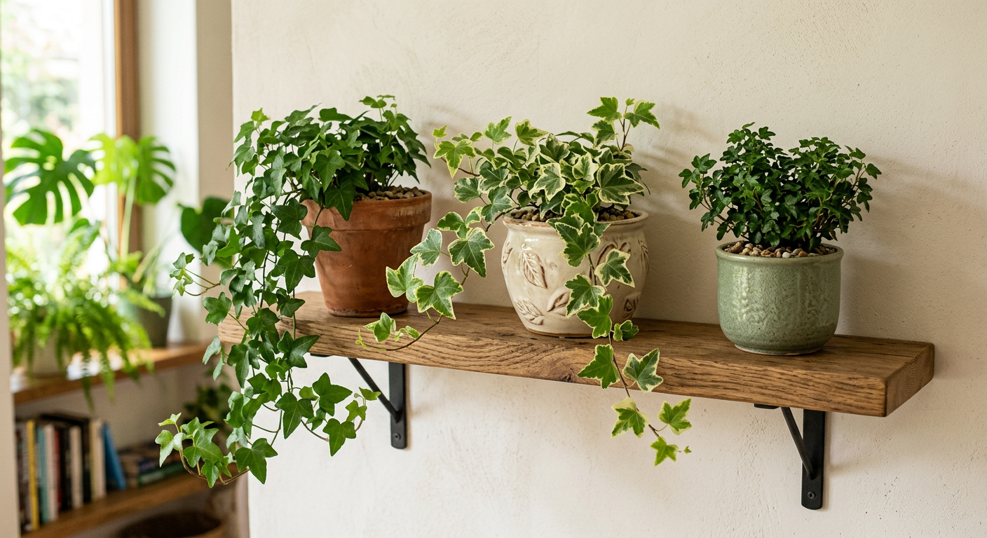 Bluszcz pospolity w kilku odmianach — zielony, zielono-biały i miniaturowy — w ceramicznych doniczkach na drewnianej półce ściennej