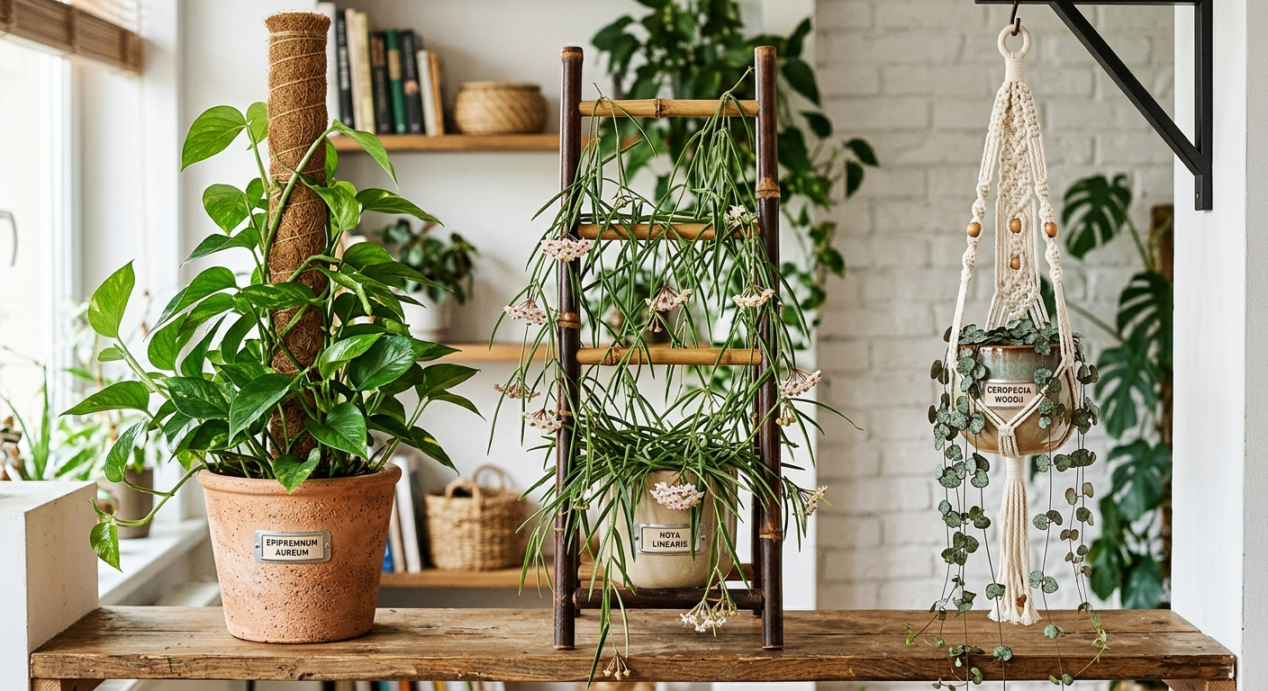 Zestaw różnych podpórek — palik kokosowy z epiprmenum, drabinka bambusowa z hoyą, makrama z ceropegią — zbiorczy shot