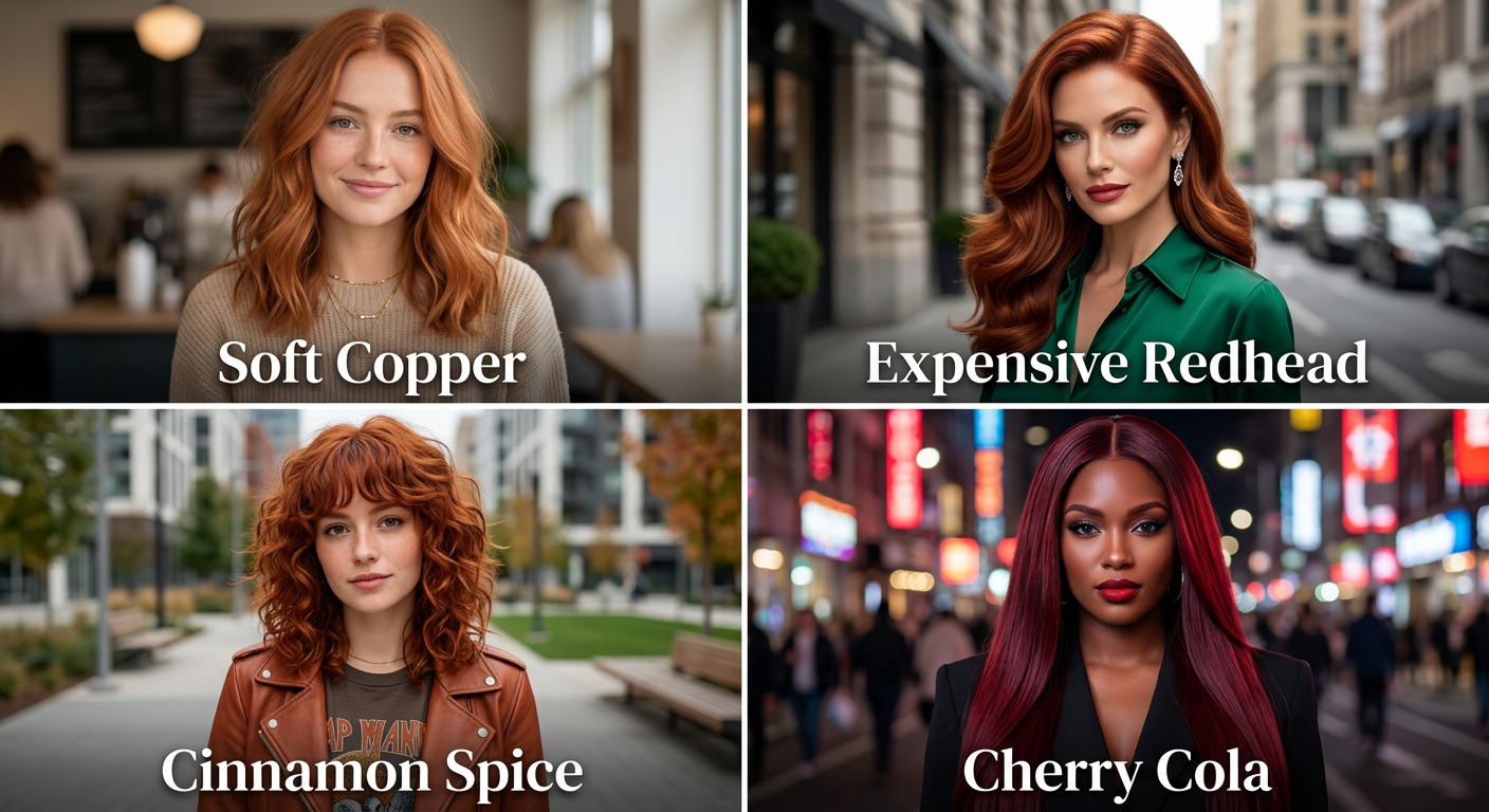 Kolaż czterech modnych rudych odcieni 2026: soft copper, expensive redhead, cinnamon spice, cherry cola