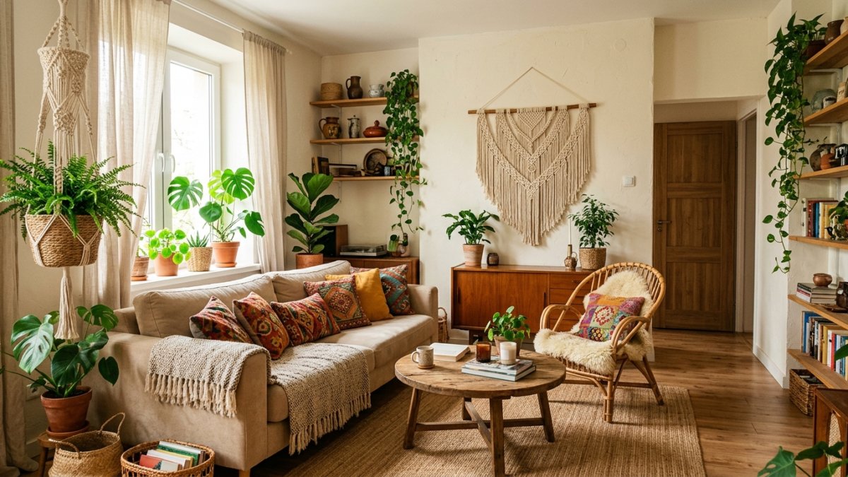 Salon w stylu boho z makramą, kolorowymi poduszkami i roślinami