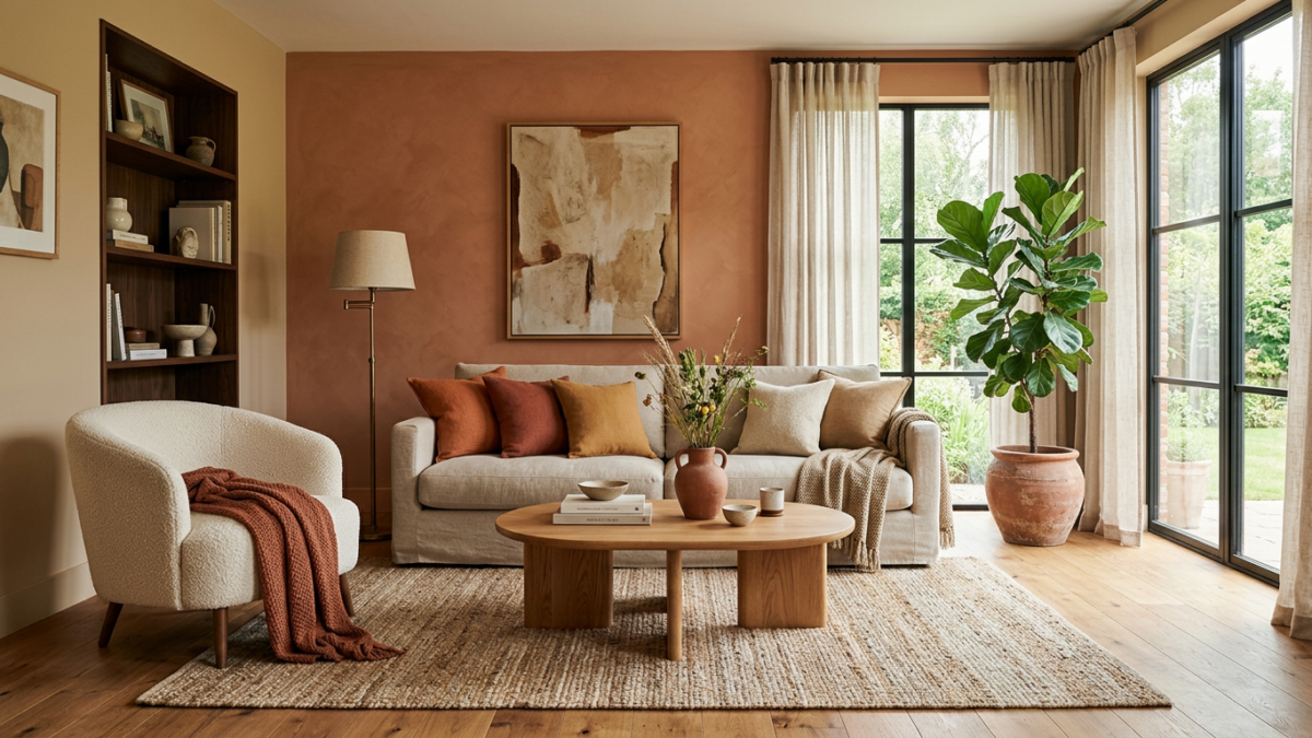 Salon z ciepłymi kolorami ścian w odcieniach beżu i terakoty