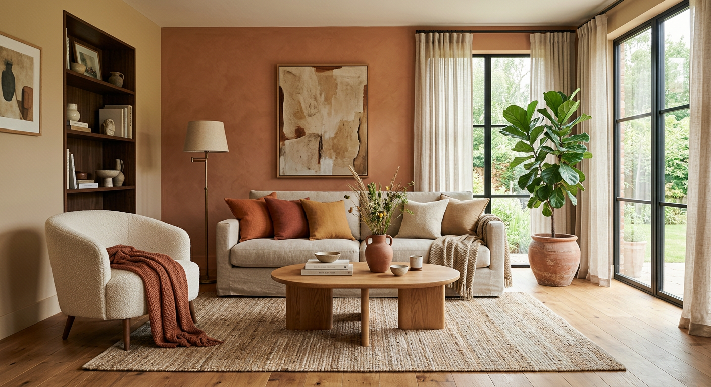 Kolaż trzech wnętrz w ciepłej palecie — beż, terakota, cappuccino