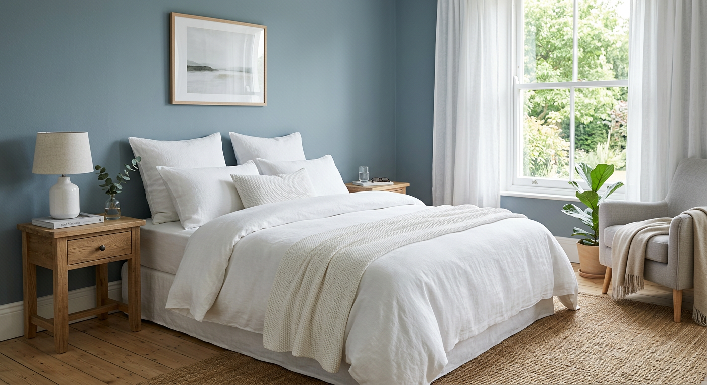 Spokojna sypialnia w stonowanych kolorach — widok ogólny, miękkie światło poranne