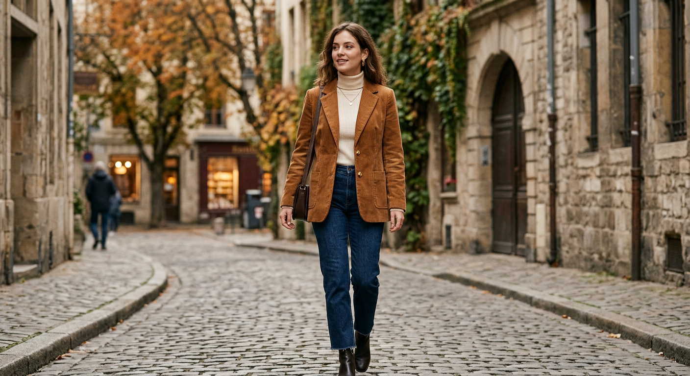 Stylowa sztruksowa marynarka w kolorze karmelowym w jesiennej stylizacji