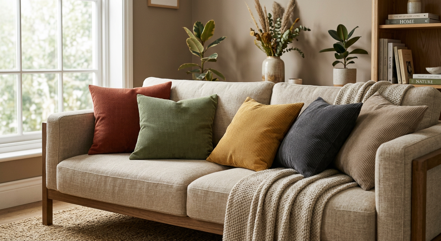Sztruksowe poduszki w ziemistych kolorach na nowoczesnej kanapie