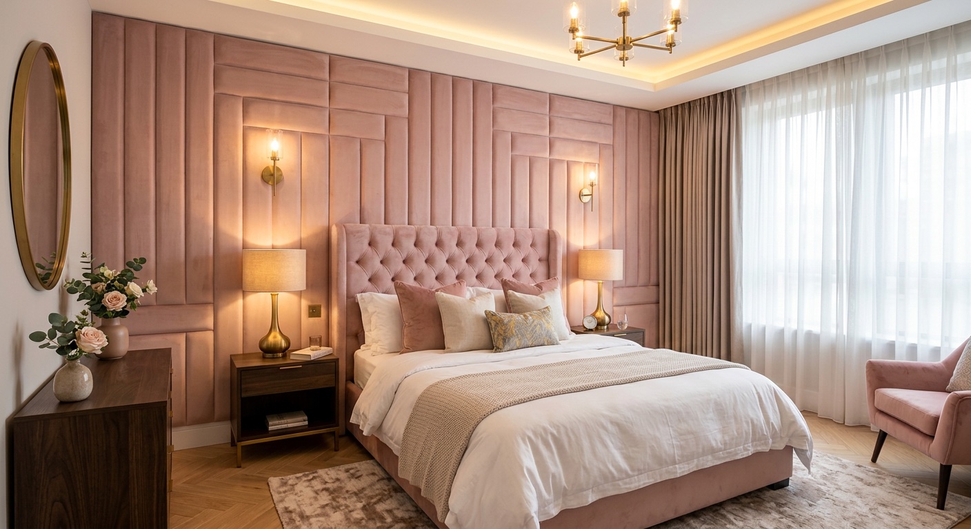 Tapicerowane panele ścienne z różowego aksamitu w heksagonalnym wzorze w sypialni