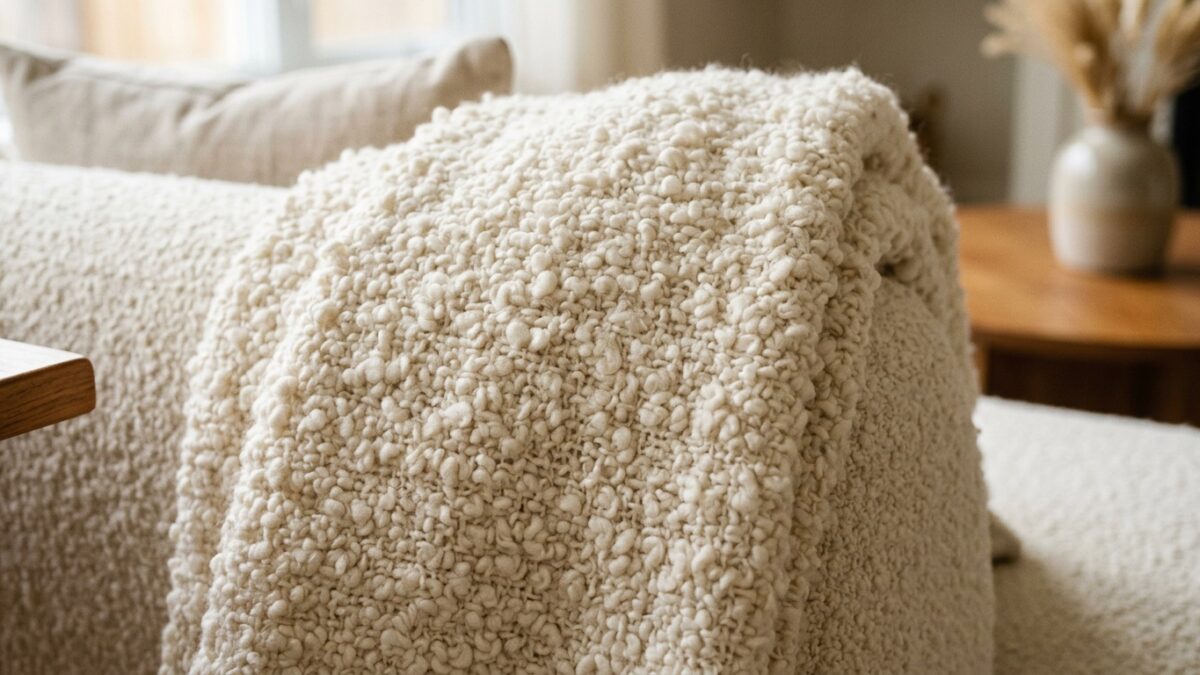 Tkanina bouclé w kremowej bieli — zbliżenie splotu