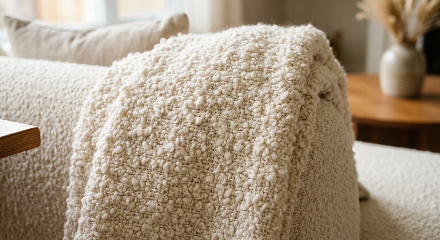 Kremowa tkanina bouclé w zbliżeniu z charakterystyczną pętelkową teksturą