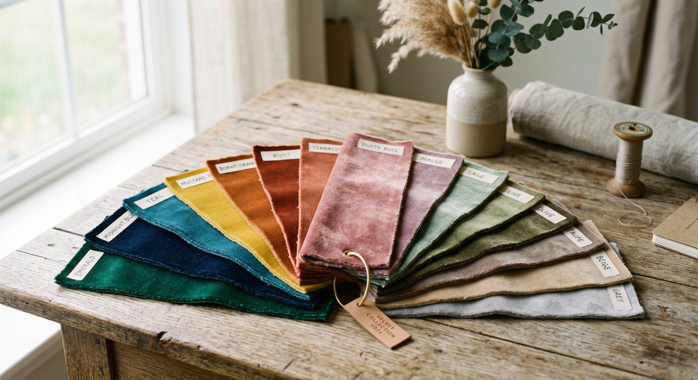 Próbki tkanin welurowych w modnych kolorach