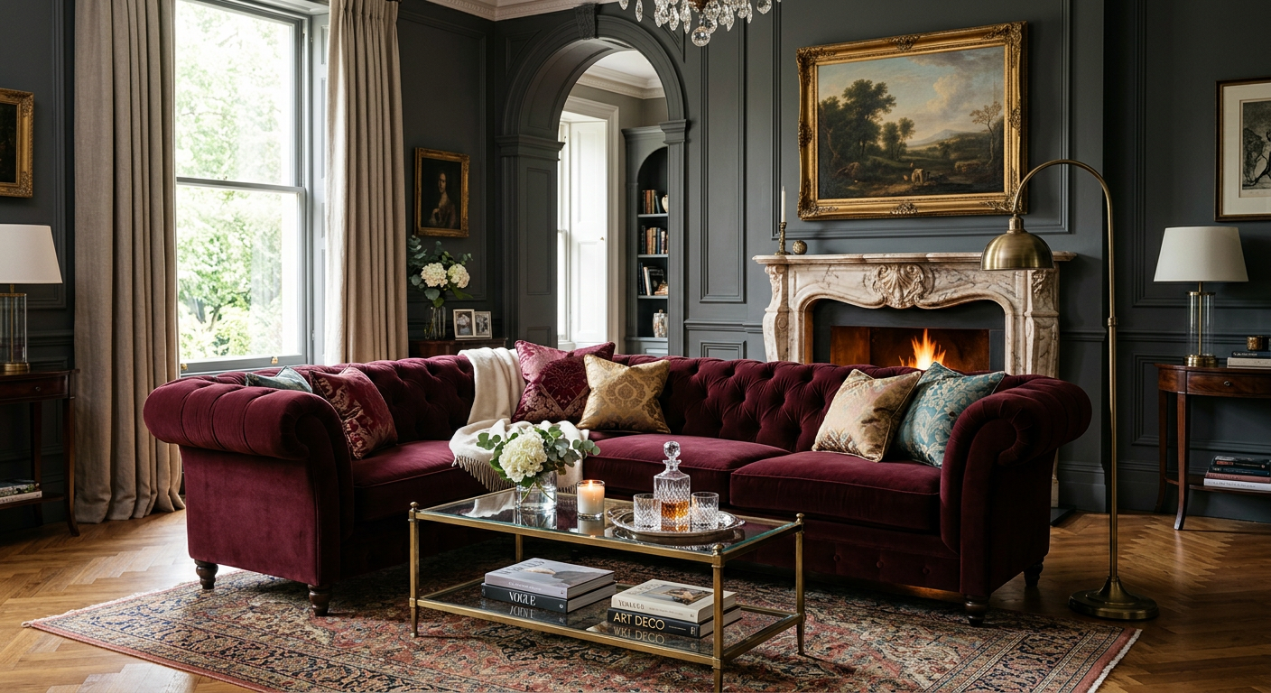 Luksusowa welurowa sofa w burgundowym kolorze