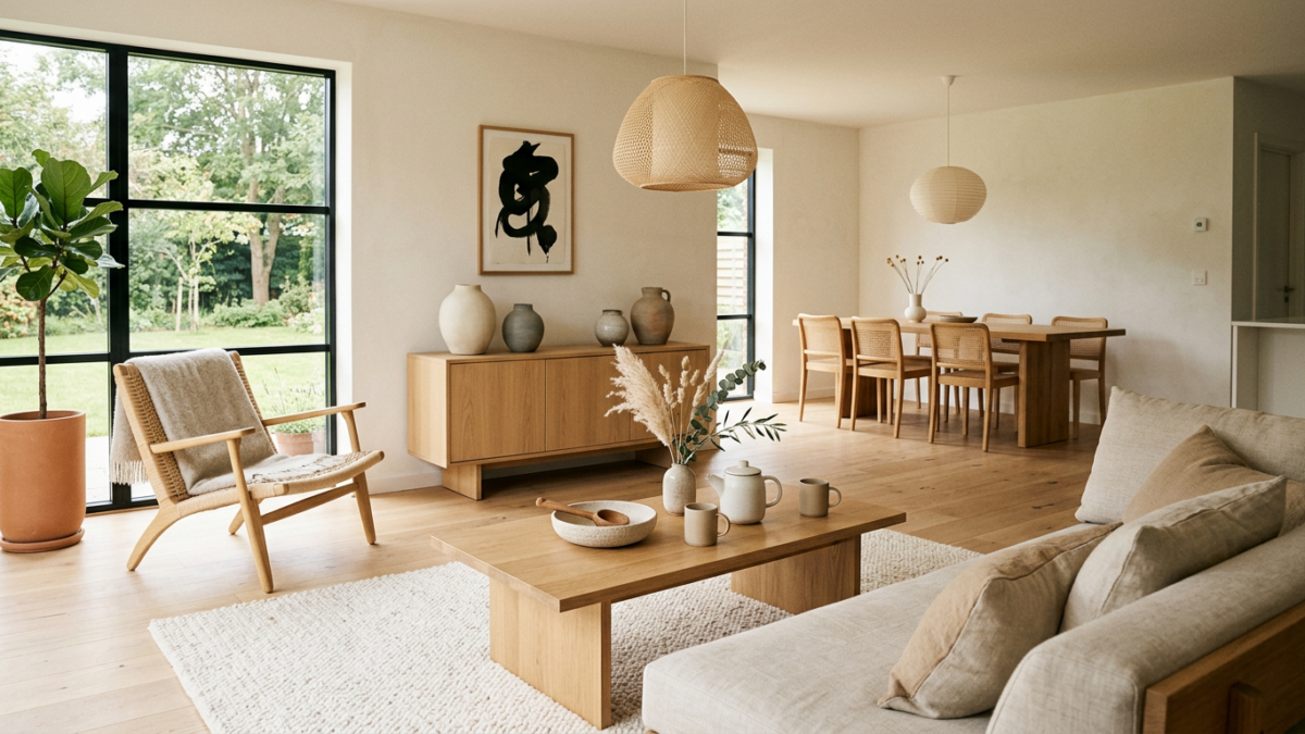 Wnętrze w stylu japandi — jasne drewno i minimalistyczna ceramika