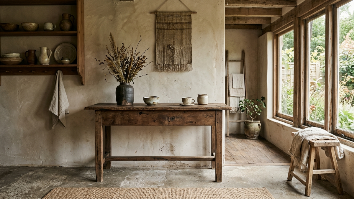 Wnętrze wabi-sabi z ręcznie robioną ceramiką i surowym drewnem