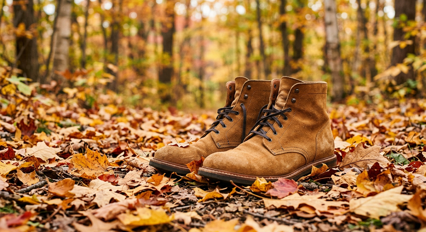 Zamszowe botki w kolorze camel wśród jesiennych liści