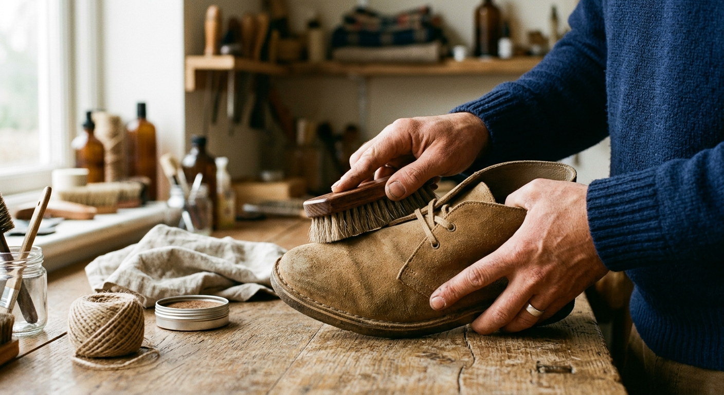 Czyszczenie zamszowego buta szczotką zamszową